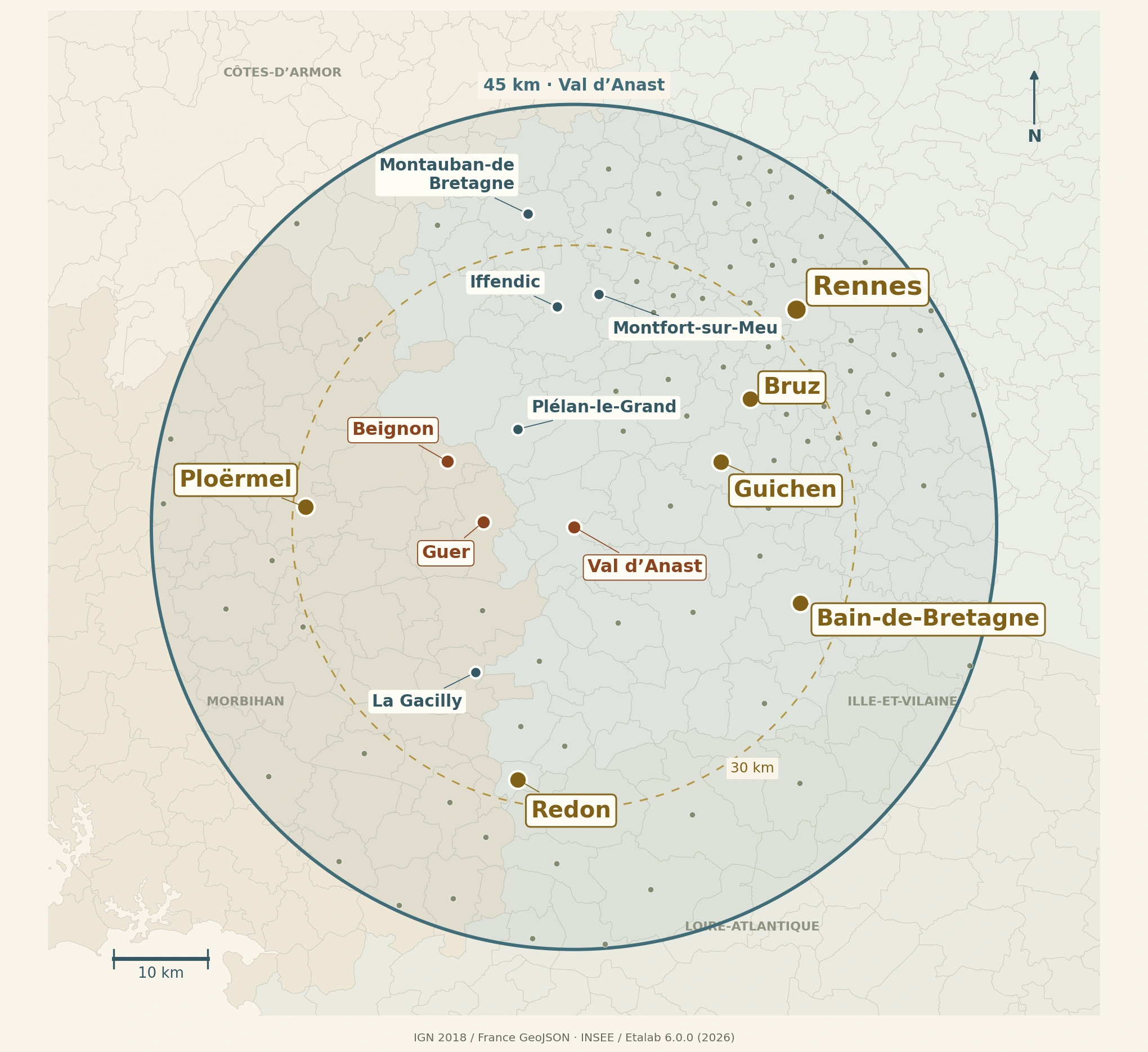 Carte des soins à domicile autour de Val d’Anast, avec Bain-de-Bretagne, Rennes, Redon et les grandes villes en doré, Guer et Beignon en terracotta
